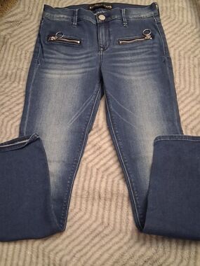 Express Women’s Mid-Rise Blue Skinny Jeans with Zip Detail
